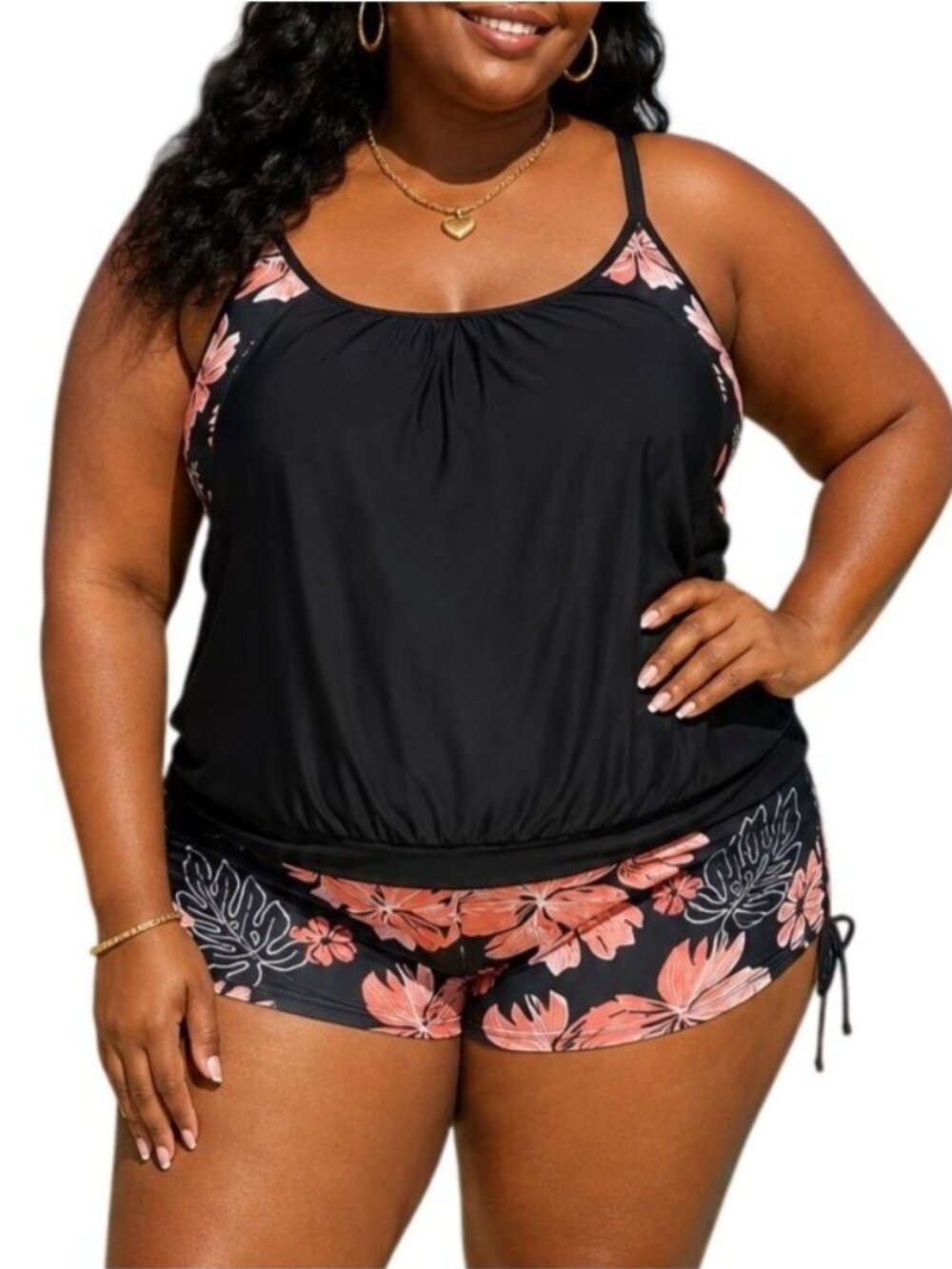 Hanna Nikole Plus Size 20W Tankini Set Floral Adjustable Straps Side Drawstrings